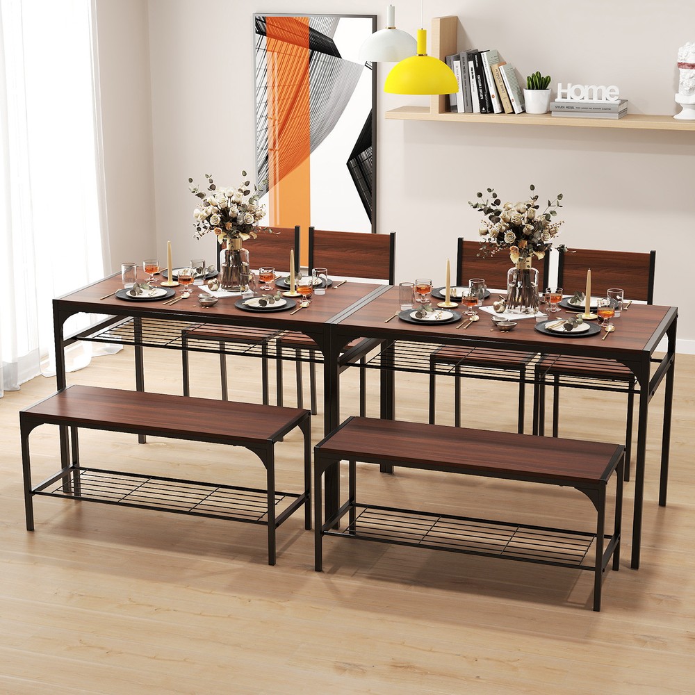 Dining Table Set for 4 Rectangular Table w/ 2 Chairs, 1 Bench, Storage Racks