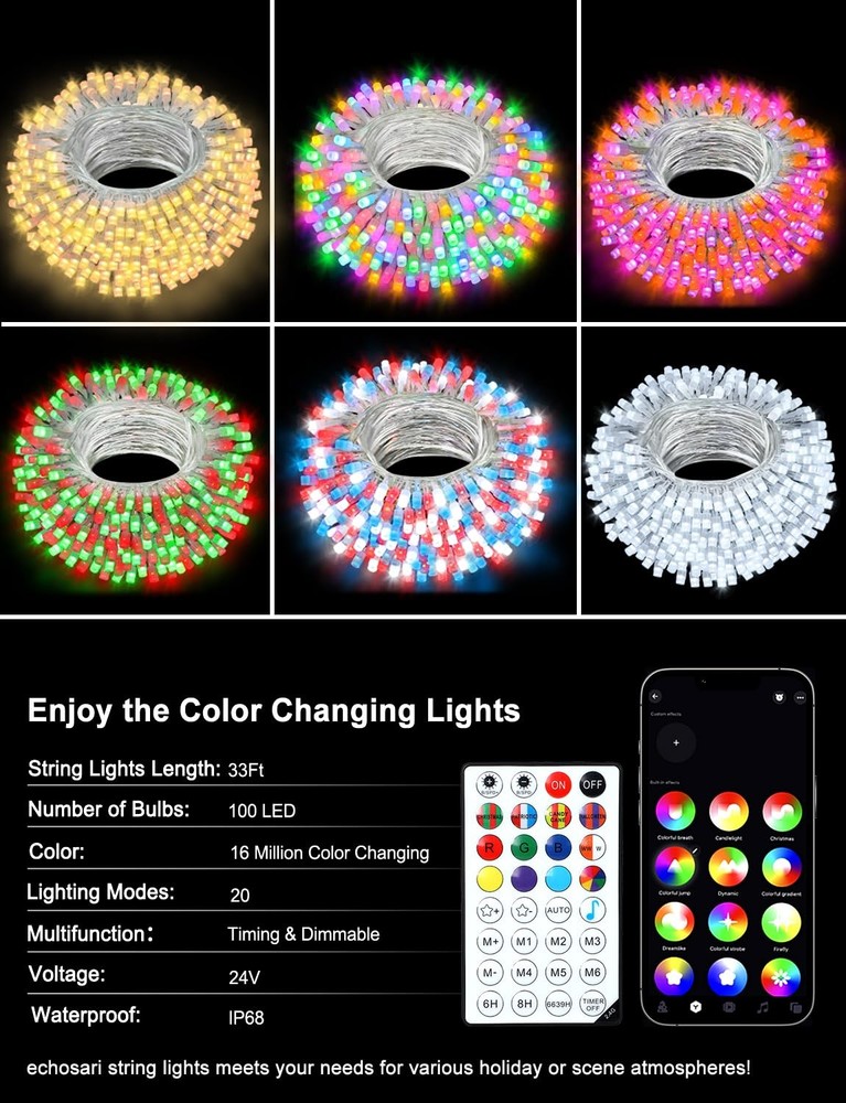 echosari Christmas String Lights, 100 LED Smart 33 Ft, 33Ft Clear Cable