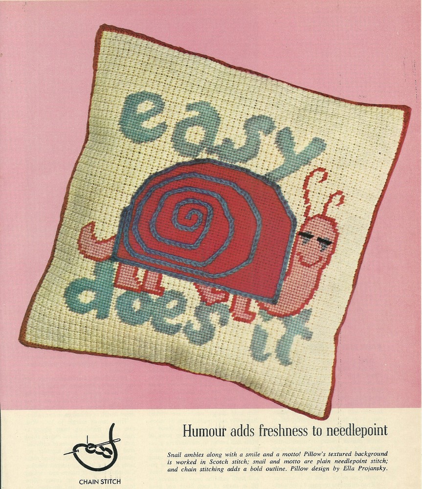 Snail W/Smile Animal Pillow Needlepoint PATTERN CHART ONLY Magazine pages