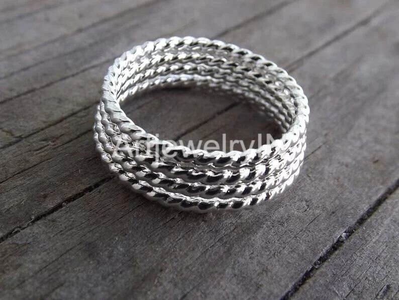 Thin Sterling Silver Stackable Rope Ring set of 5, Silver Stacking Ring All size