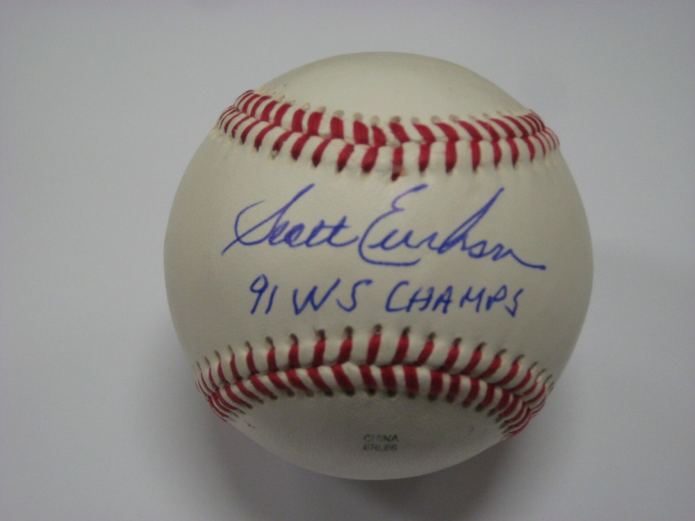 PITCHING GREAT SCOTT ERICKSON AUTOGRAPH INSCRIBED "91 WS CHAMPS" BASEBALL COA