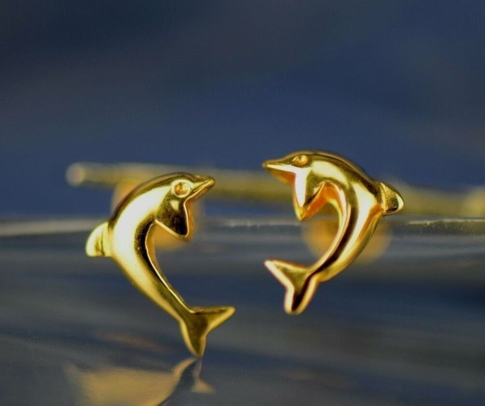 14k Yellow White Gold Dolphin Earrings