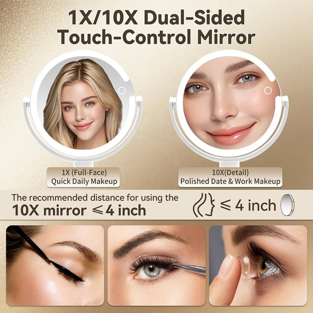 Makeup Mirror with Lights, Double Sided 1x/10x Magnifying Mirror，Rechargeable...