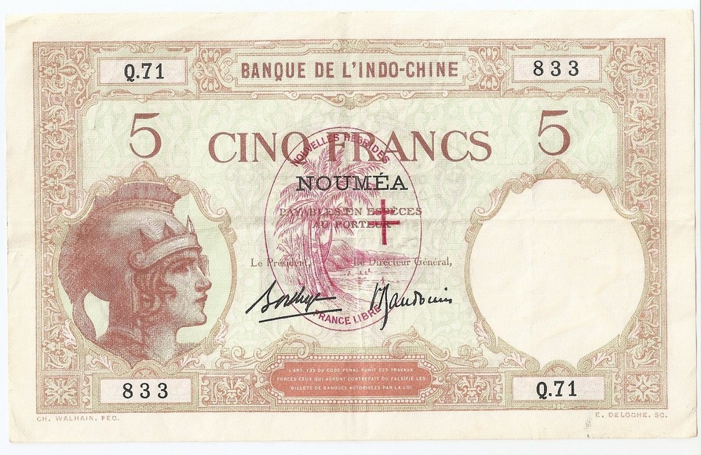 New Hebrides, 5 francs ND (1941) High grade!!!