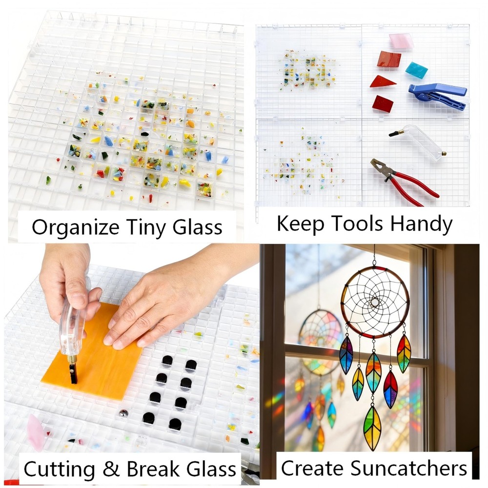 Stained Glass Cutting Mat, Solid Bottom Plastic Grid, 12"x12", Includes Rubbe...