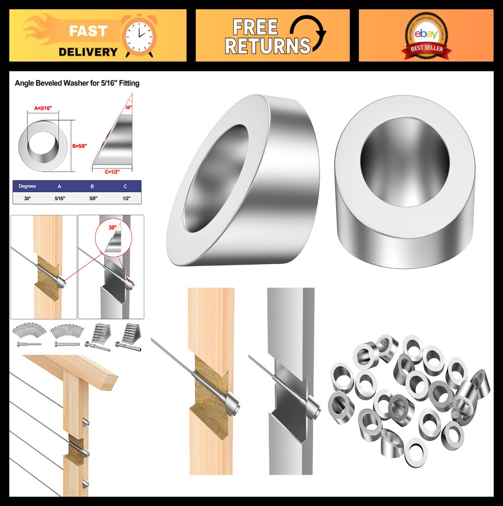 20 Pack 5/16" ID Stainless Steel Angle Washers for Cable Railing Posts - 30° Bev