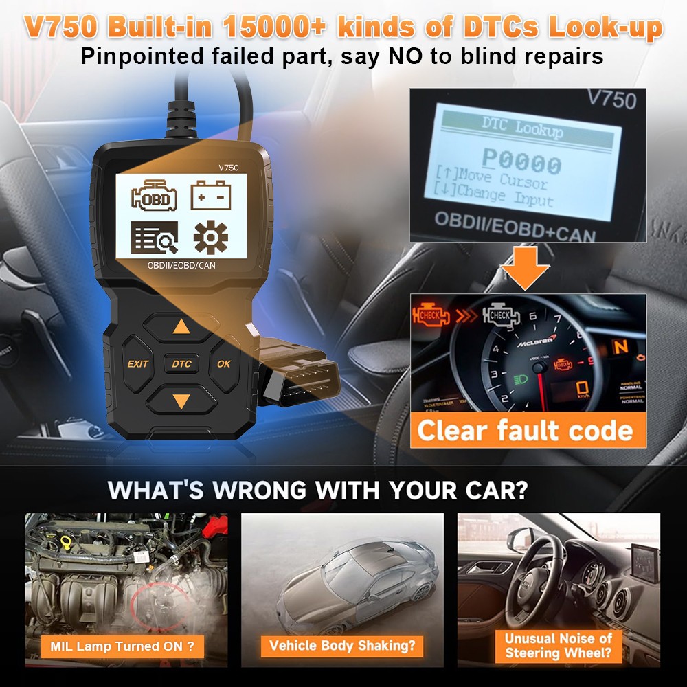 iKiKin V750 OBD2 Code Reader OBD Scanner Engine Diagnostic Tool for 12V Car