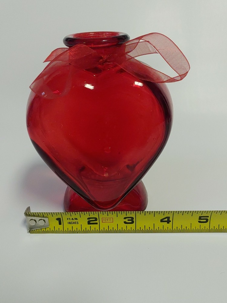 Beautiful Ruby Red Stained Heart Shaped Pressed Glass Bottles /Vases 5"