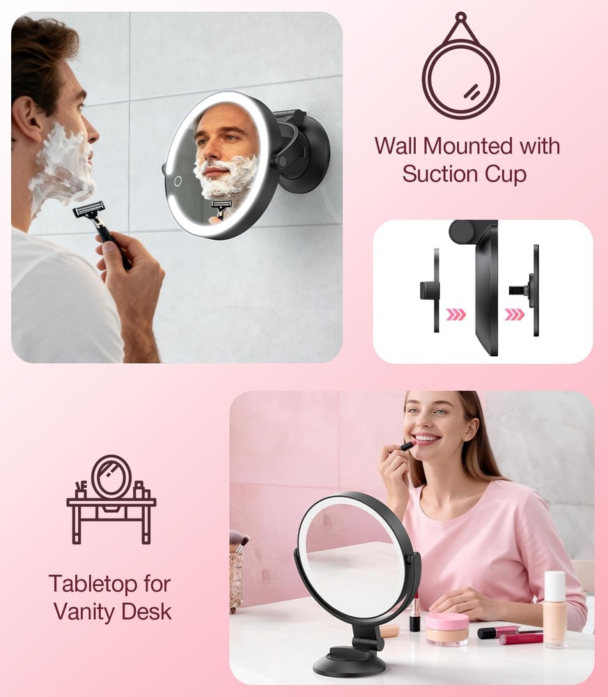 Suction Cup Magnifying Mirror with Light 10X, Wall Mounted Makeup Mirror with