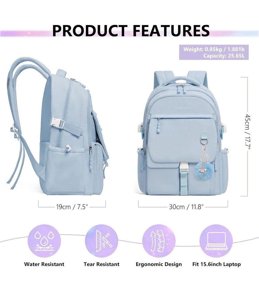 Glorieroo Backpack Bookbag Haze Blue