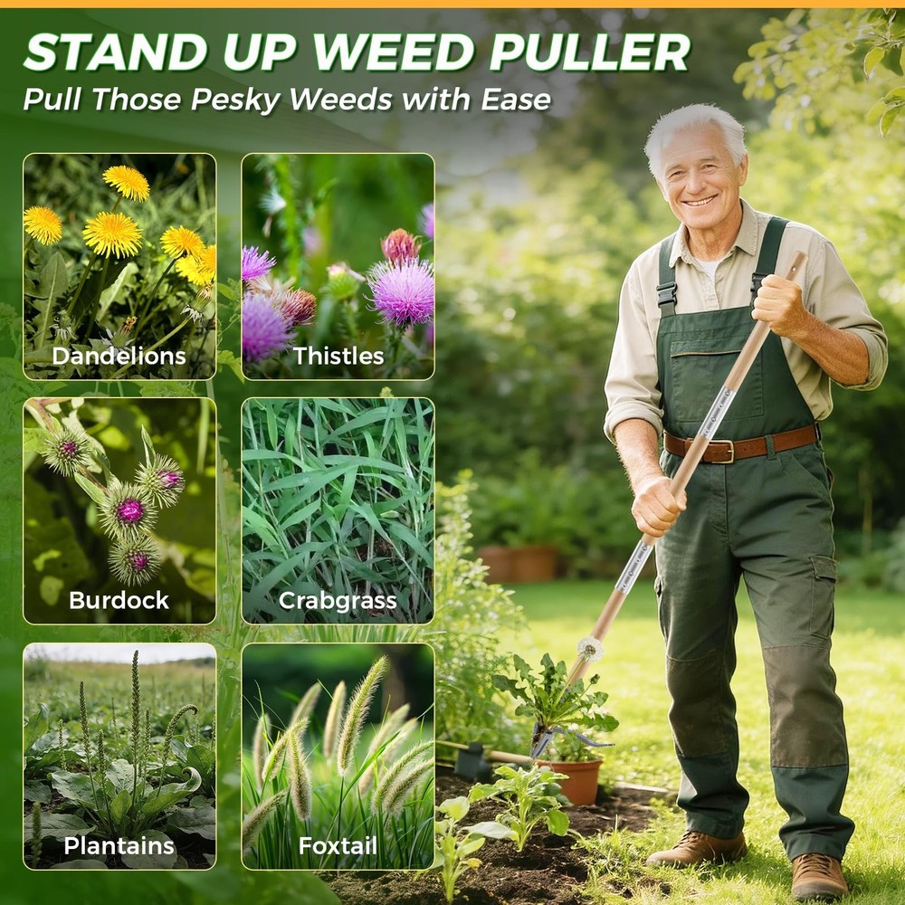 Weed Puller Tool, Stand Up Heavy Duty Root Removal Tool with 4-Claw Head & Lo...