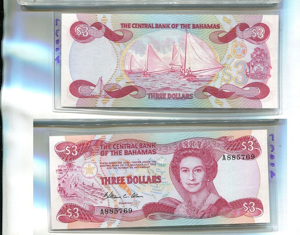1984 $3 BAHAMAS CURRENCY NOTE CH CU 7300R