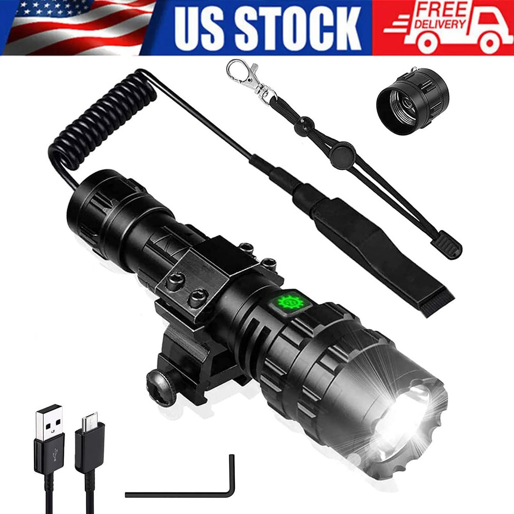 Rechargeable Tactical Flashlight Picatinny Rail Mount 3Modes Zoomable Flashlight