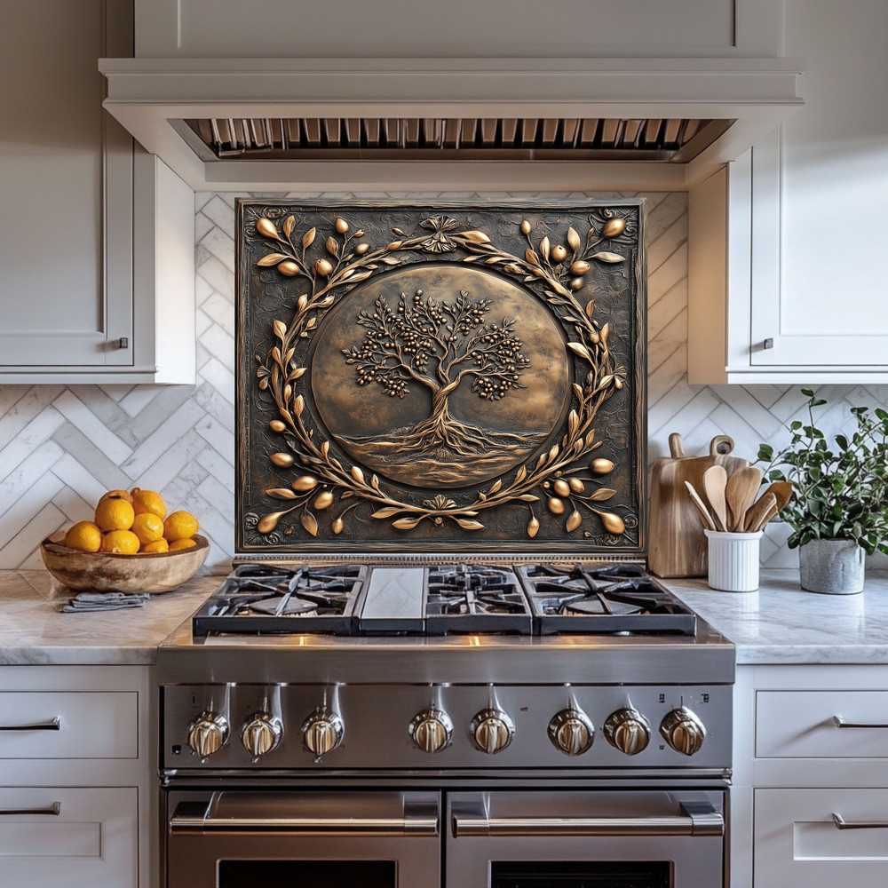 Olive Tree Copper Look Tempered Glass Kitchen Backsplash Panel, Made in USA,
