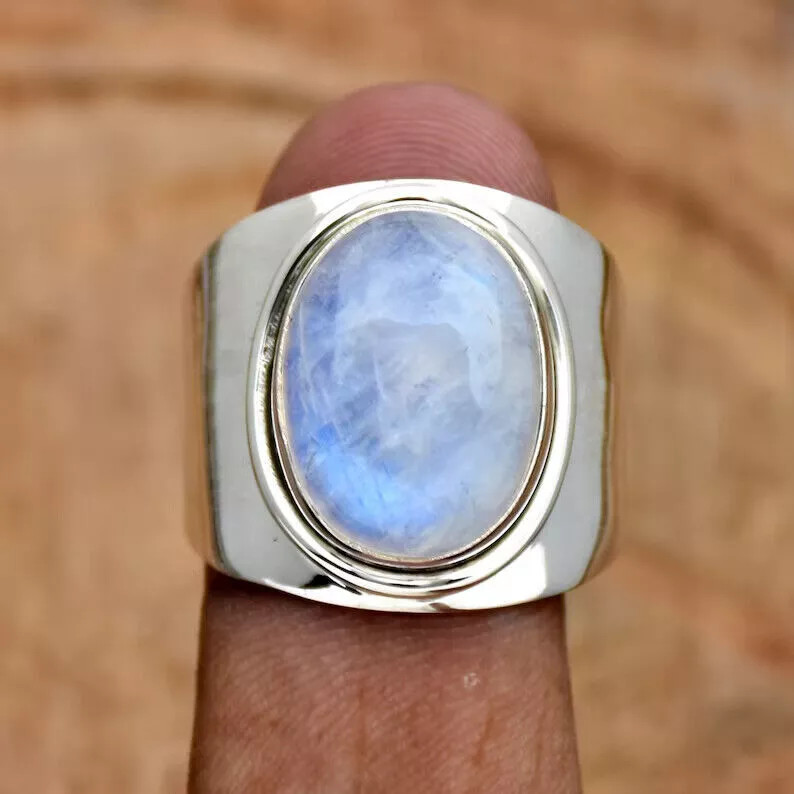 Natural Moonstone Solid 925 Sterling Silver Band & Statement Ring All Size D-161
