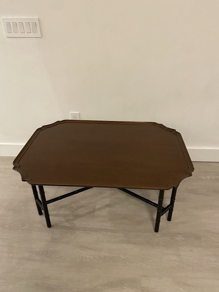 Faux Bamboo Kittinger Tray Top Rectangular Coffee Table With Ebonized Black Legs