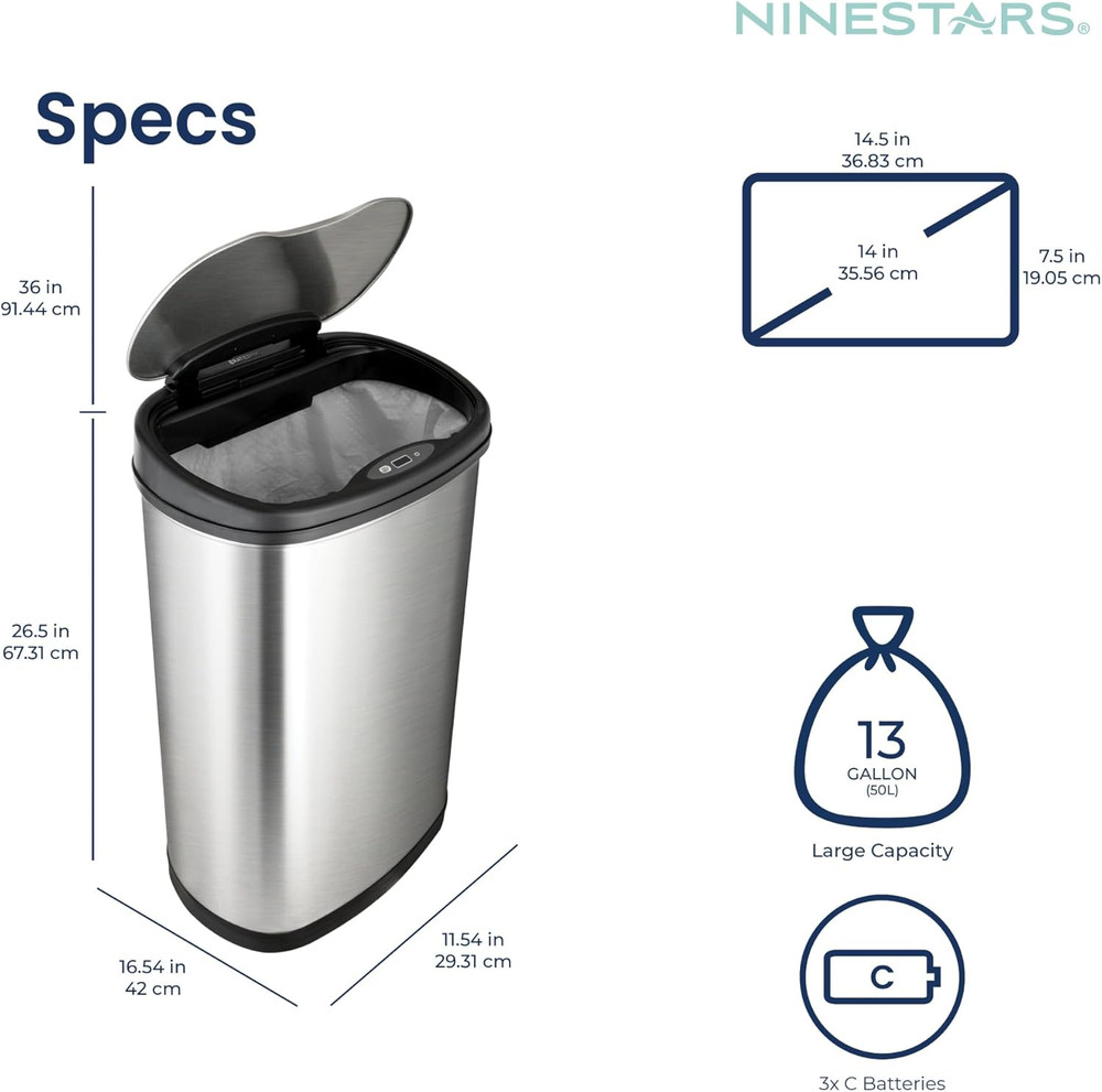 DZT-50-25 Motion Sensor Trash Can, Large, Silver