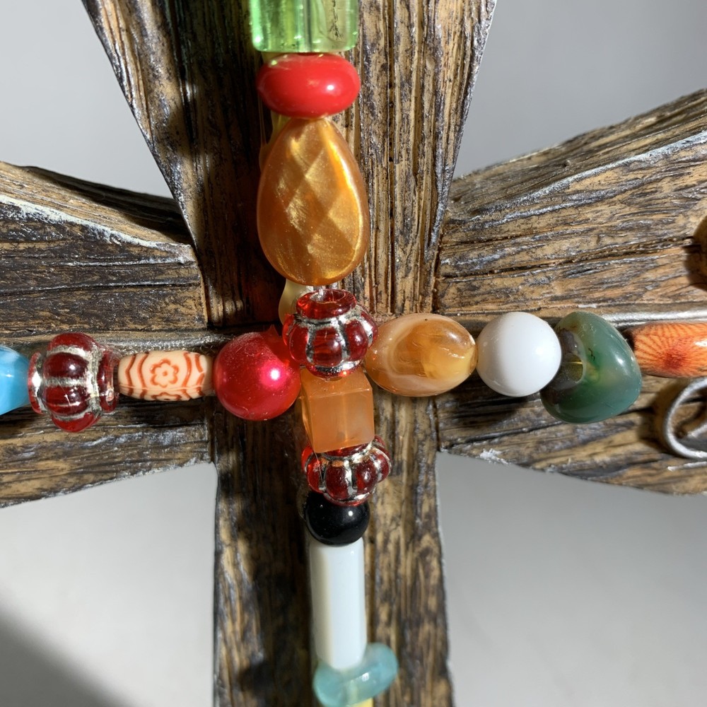 Small Boho Rustic Primitive Style Resin & Beads Standing Decorative Ornate Cross
