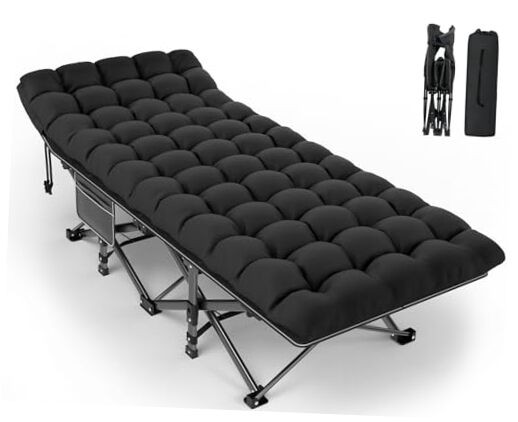 Camping Cot for Adults, Heavy Black Frame + Black Cushion Basic - 75x28x15"