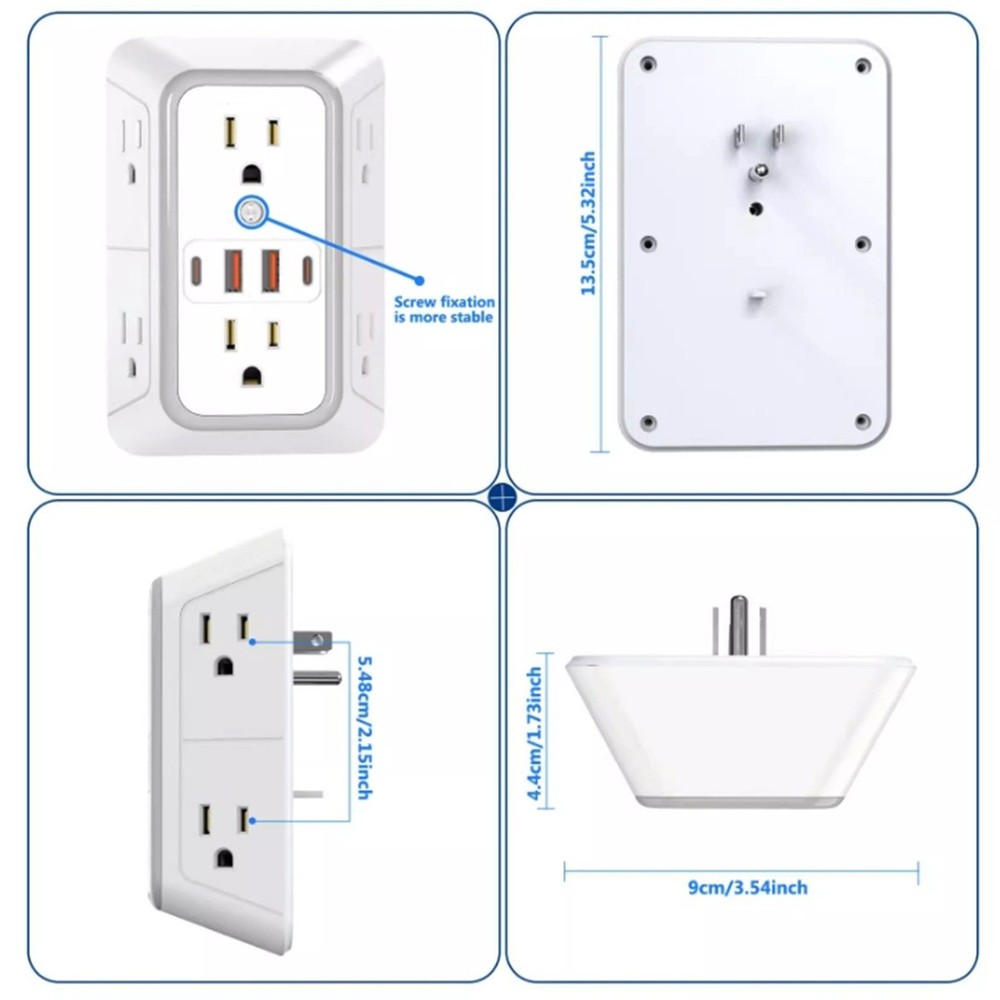 Electrical Wall Socket Outlets Adapters with 6 AC outlets and 4 USB (2 Type C)