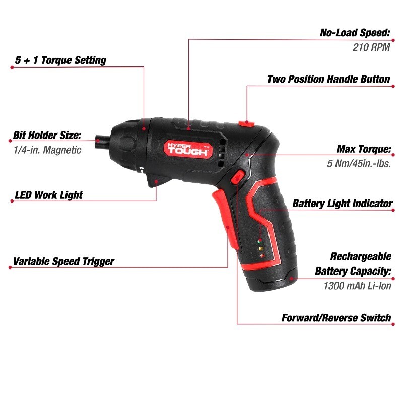 Hyper Tough 4-Volt Max Lithium-Ion Cordless Rotating Screwdriver with Charger