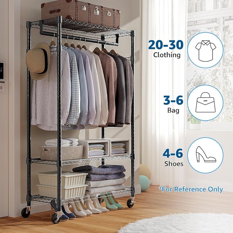 Heavy Duty Rolling Clothes Rack Adjustable Garment Organizer W/ Lockable Wheels