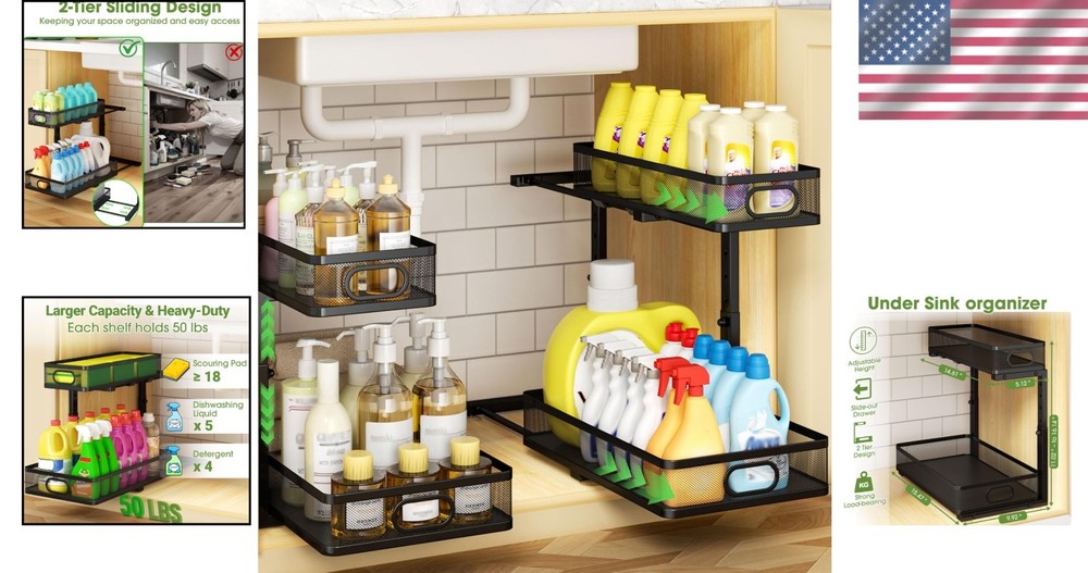 Rust-Resistant Under Sink Storage Racks: Metal 2-Tier Pull-Out Shelves - 2-Pack