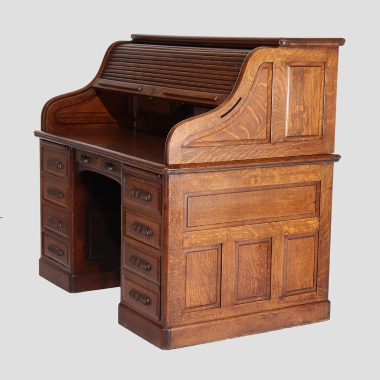 Derby Oak Raised Panel S-Roll Top Desk with Carved Pulls c1920