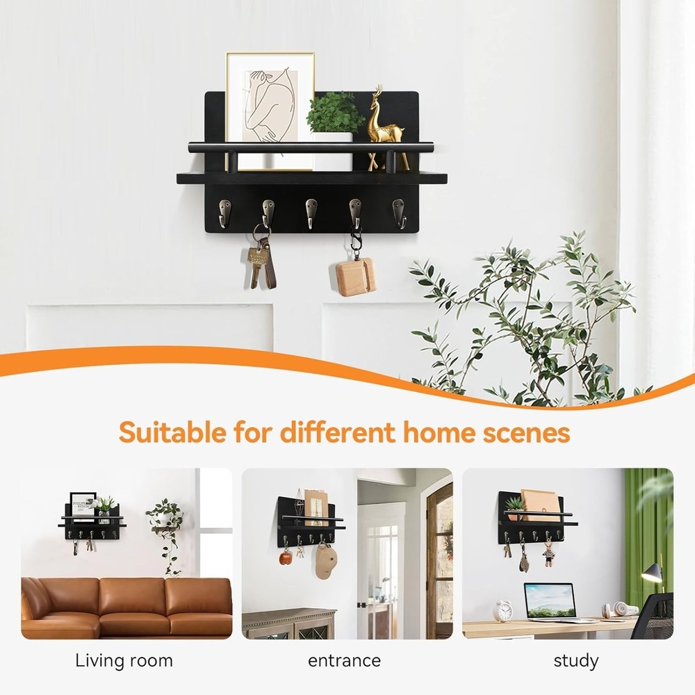 Wall-Mounted Key Holder & Mail Organizer with Hooks - Entryway Storage & Decor