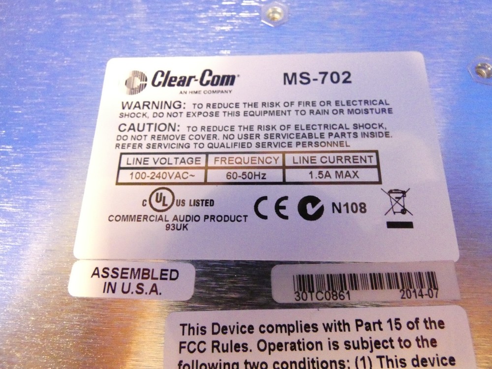 ClearCom MS-702 2-Channel Main Station for Parts-Has Static