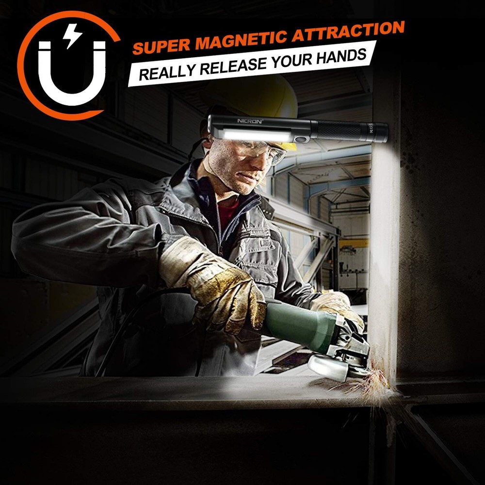 NICRON Worklight Flashlight Pocket COB Magnetic Base Work Light, 500 Lumens I...