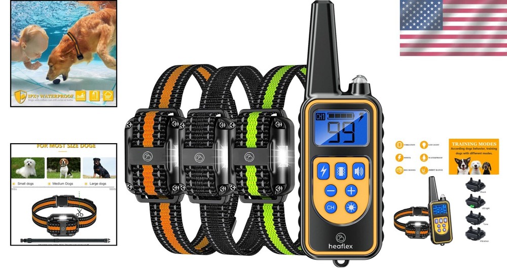 Rechargeable Remote Dog Training Collar with LED Light & Vibration - 3 Collars