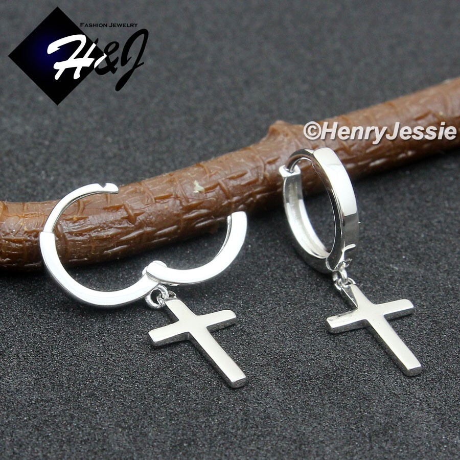 MEN WOMEN SOLID 925 STERLING SILVER PLAIN CROSS DANGLE HUGGIE HOOP EARRING*E244