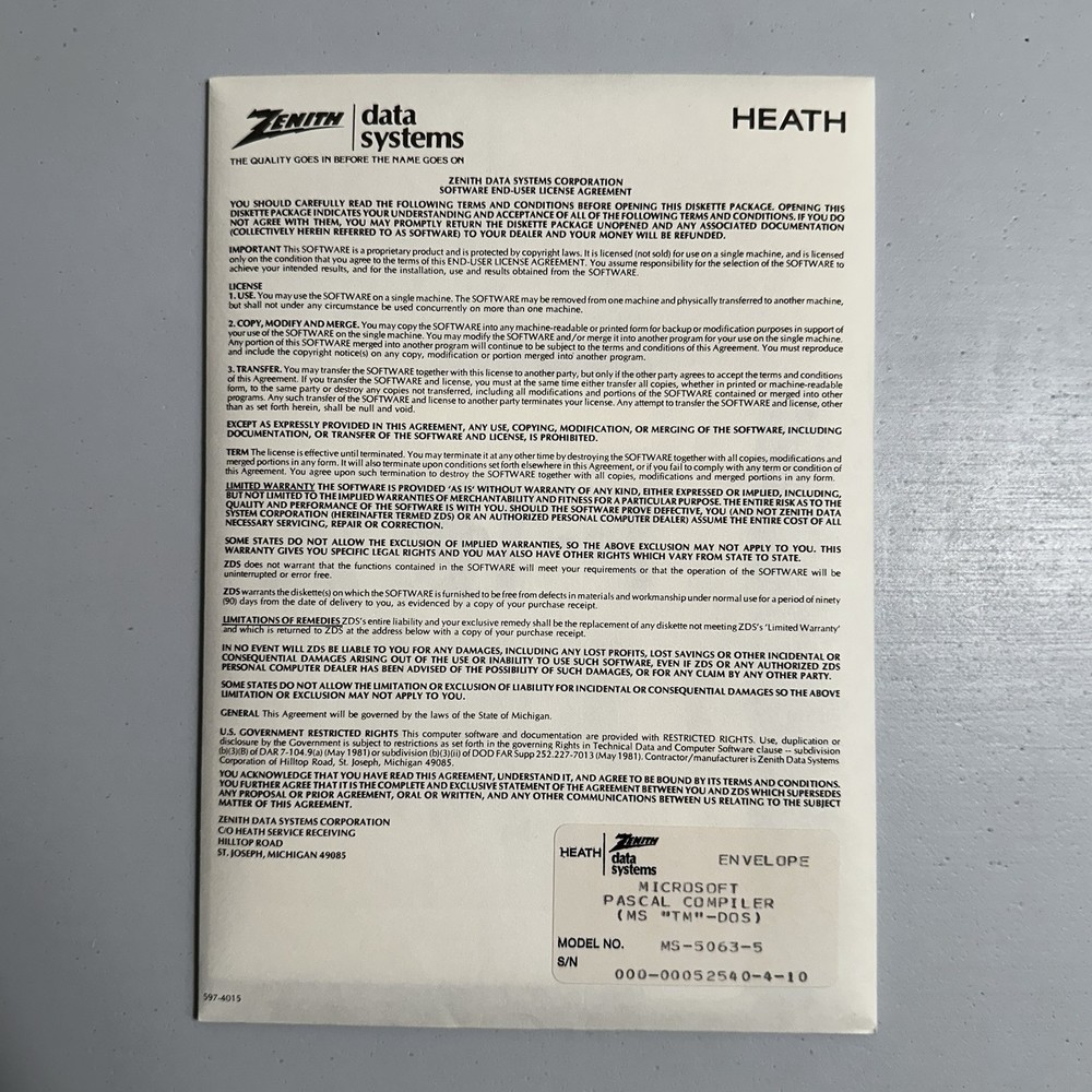 Zenith Data Systems Heath Computer Microsoft PASCAL Compiler MS-DOS Software