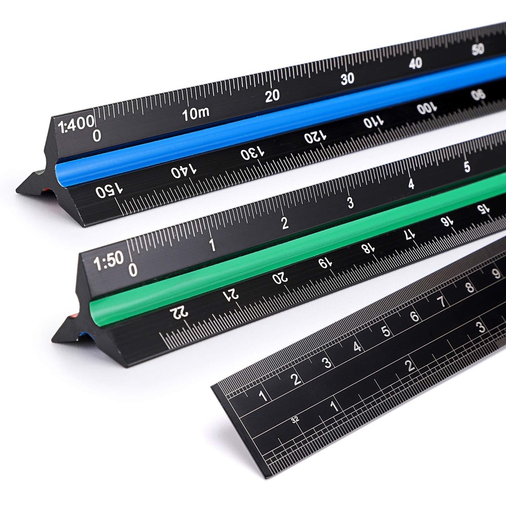 OwnMy 3 Pack 30CM Solid Aluminum Triangular Architect Scale Ruler Multicolor