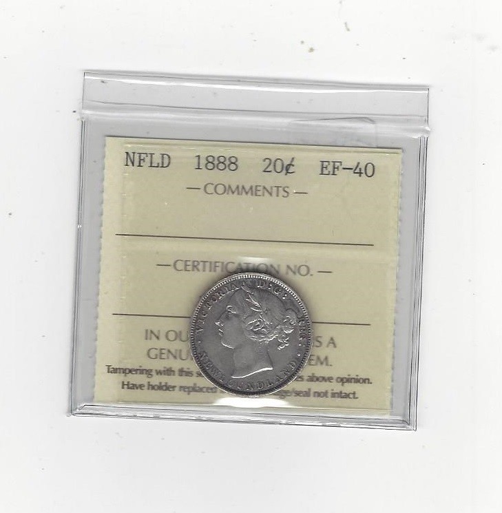 1888, ICCS Graded, Newfoundland 20 Cent, **EF-40**