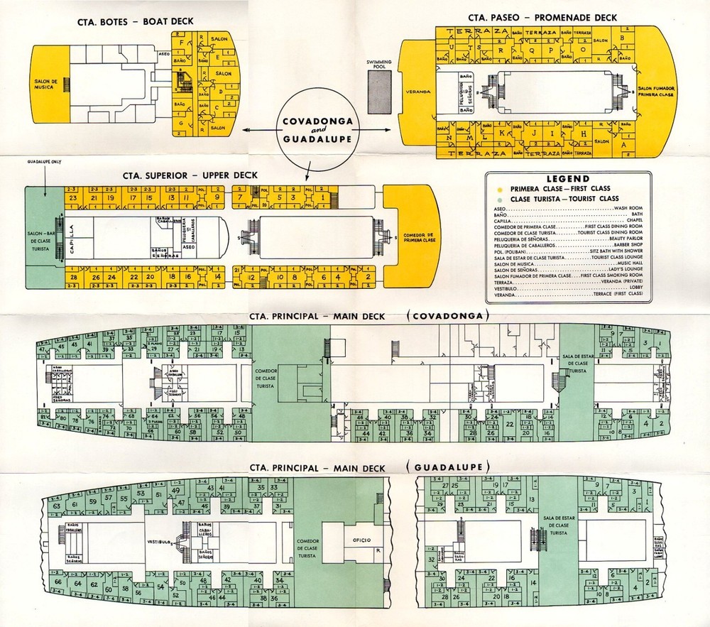 1962 Spanish Line COVADONGA + GUADALUPE Services, Interiors + Deck Plan Brochure