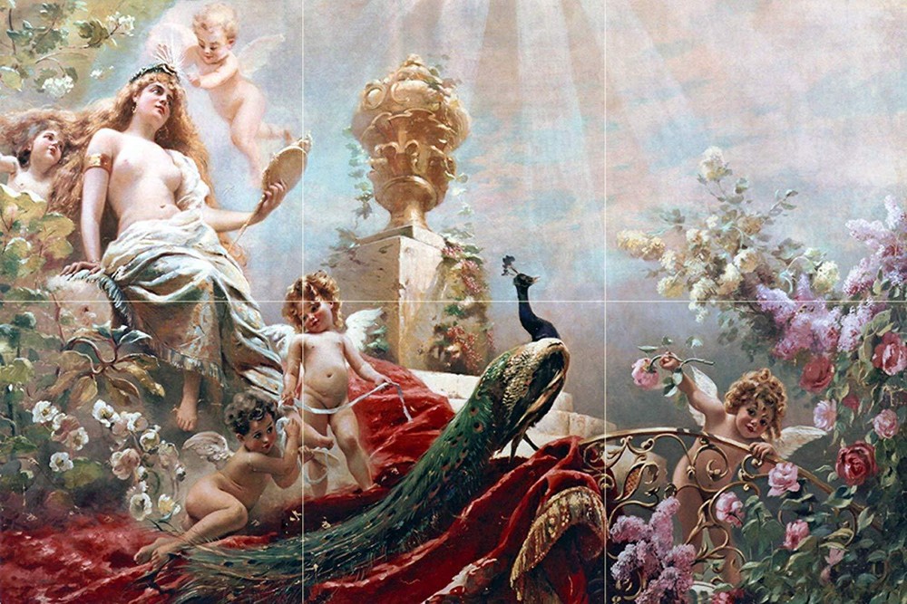 Tile Mural Cupids Nymphs Flowers K. Makovsky Kitchen Backsplash Marble Ceramic