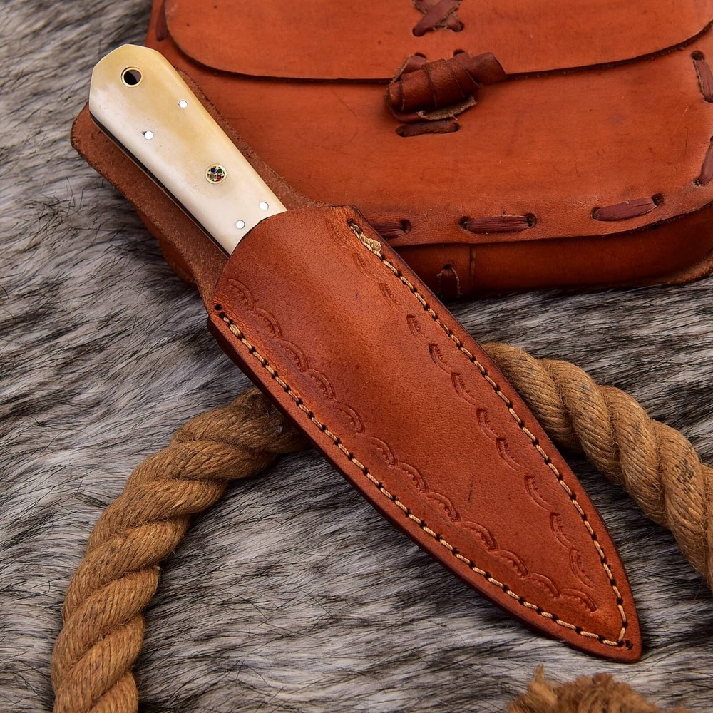 EDC handmade carbon steel double edged dagger boot knife camel bone handle