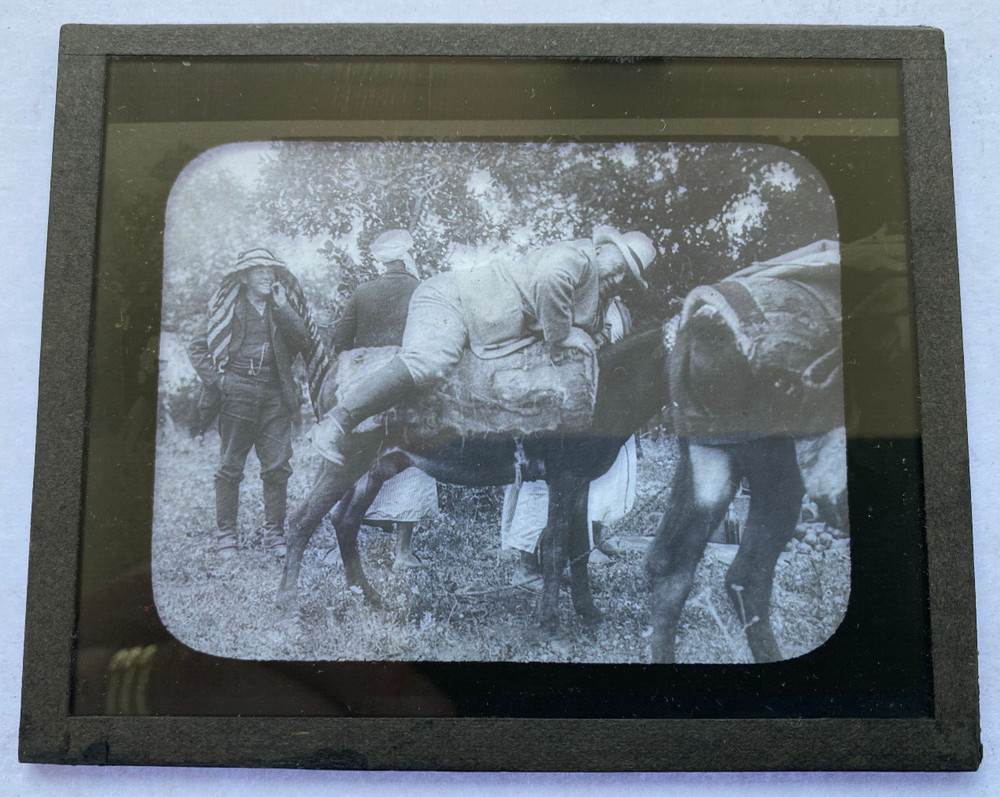 MAGIC LANTERN SLIDE 450 LARGE MAN GETTING ON HORSE 1900s