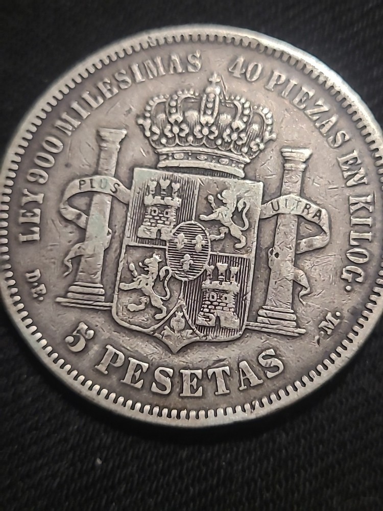 1875 5 Pesetas Silver Coin - Good Grade