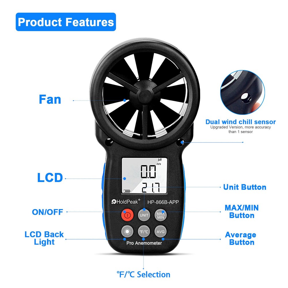 Digital Handheld Anemometer with Bluetooth & Temp Sensor - 30m/s Max Wind Speed