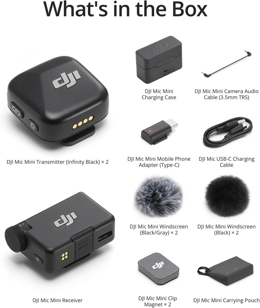 DJI Mic Mini (2 TX + 1 RX + Charging Case), Wireless Microphone for Iphone/Camer
