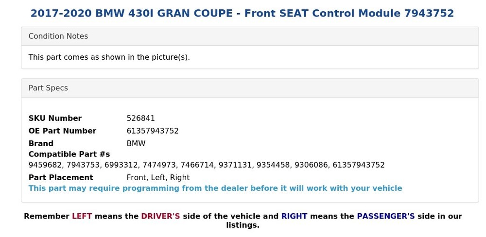 2017-2020 BMW 430I GRAN COUPE - Front SEAT Control Module 7943752