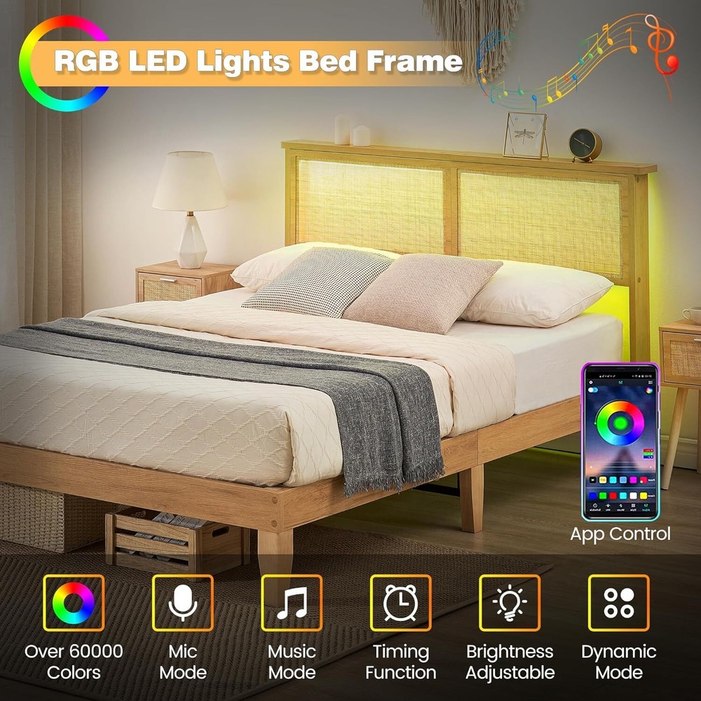 Rattan Queen Platform Bed Frame with Rattan Headboard and Led Light Slat Support