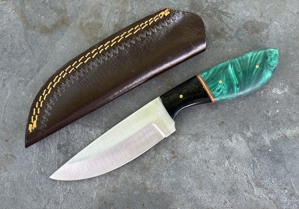 9” Fixed Blade Knife Leather Sheath Full Tang Green Black Handle Belt Loop