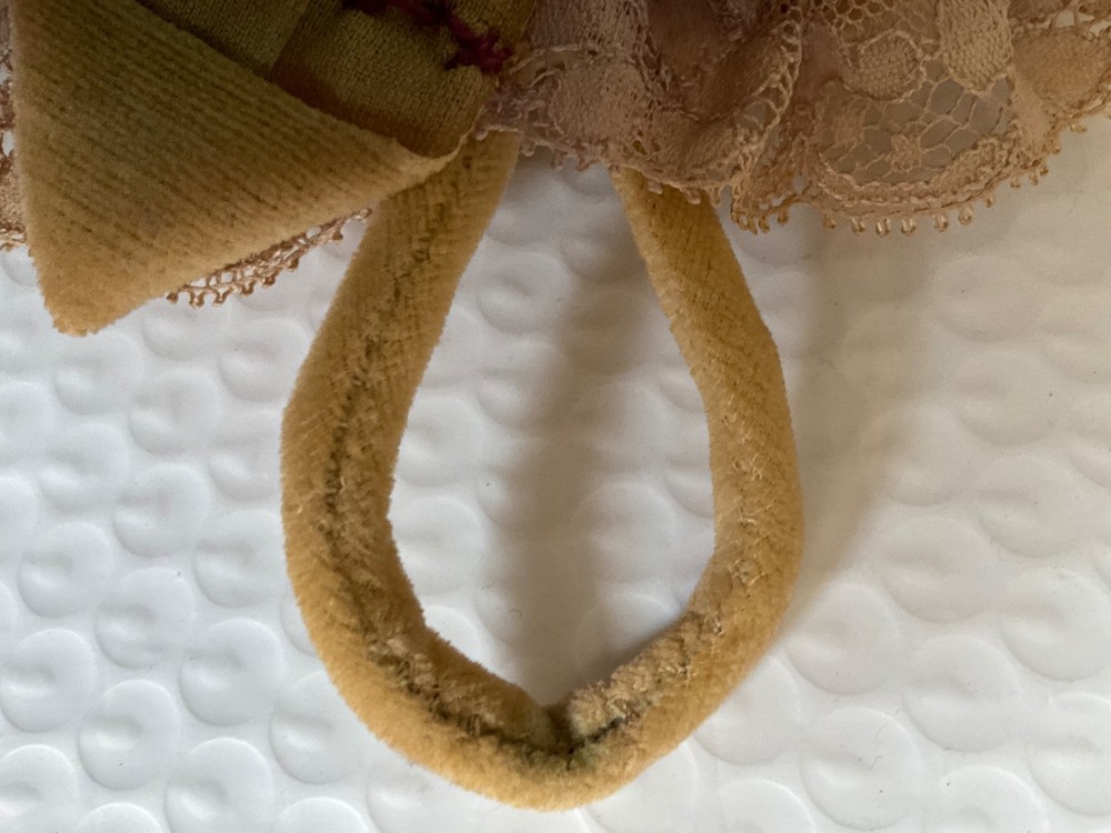Vintage Handmade Pincushion Fabric & Lace Top Loop For Hanging Width 5 1/2”