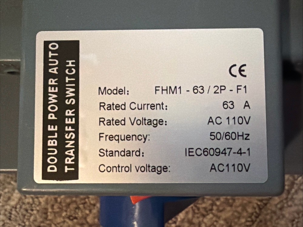 Dual Power Automatic Transfer Switch, 2P 63A 110V 50/60Hz