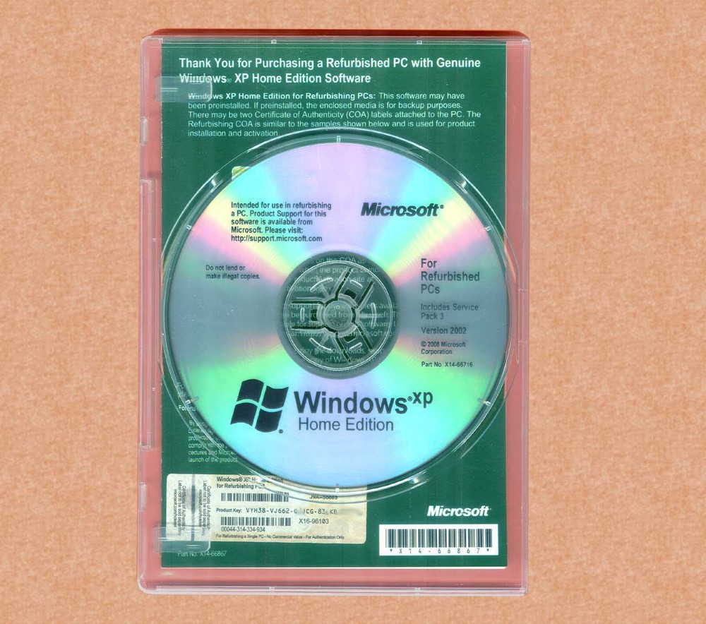 NEW Windows XP Home Edition SP3 RFB Full Version CD Disc & Product Key on COA