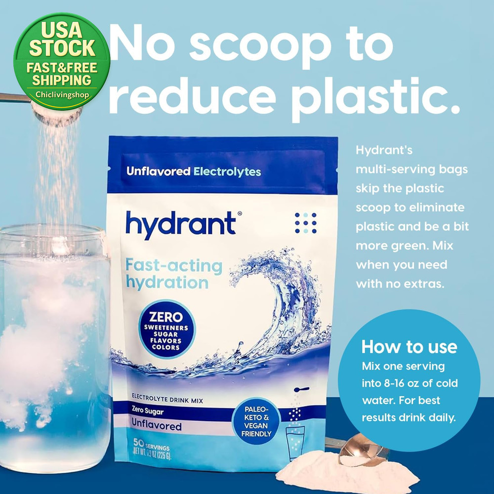 Hydration Powder Unflavored Electrolyte Rehydration Mix 50 Servings Zero Sugar